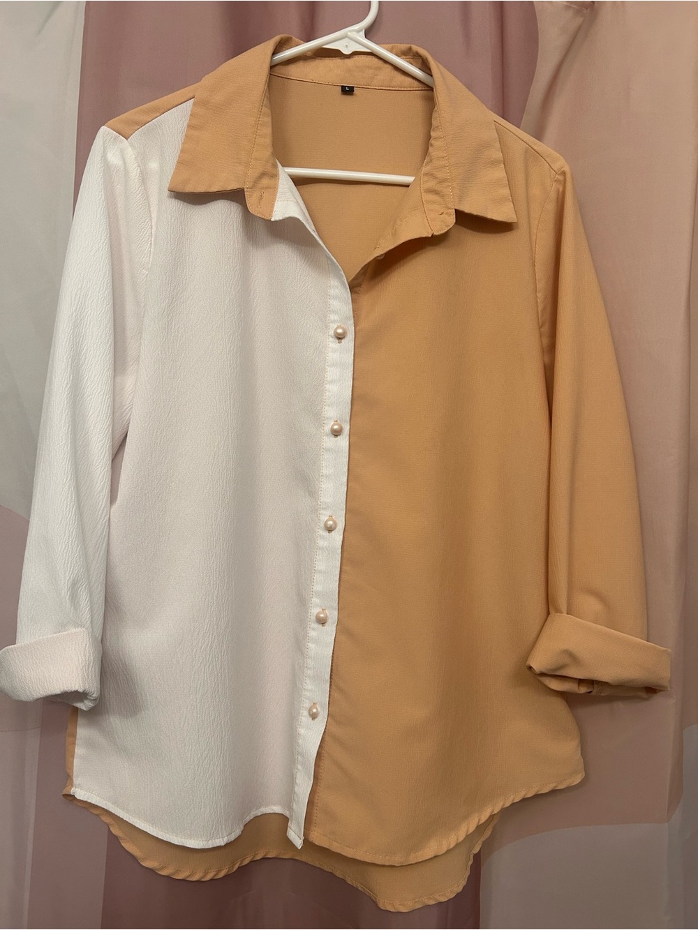 Two-Tone Button Front Blouse — White & Camel